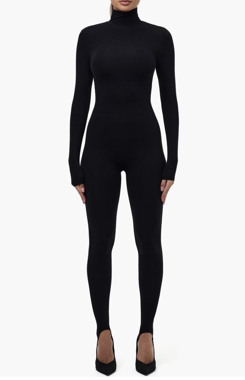 NWT JLUXLABEL Black Ribbed Knit Turtleneck Stirrup Catsuit Jumpsuit XL